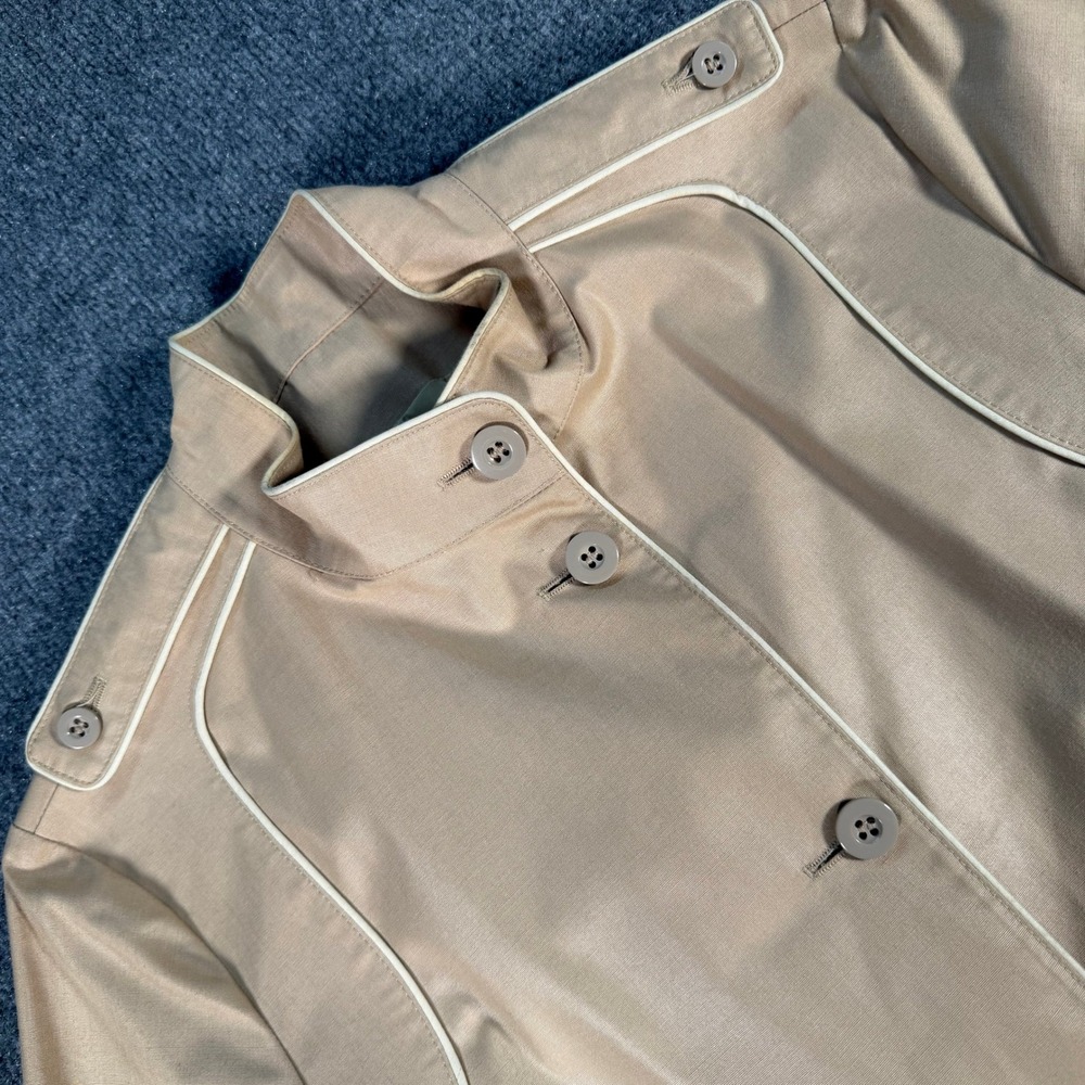 Vintage London Fog Maincoats Trench Coat Tan Beige White Piping Petite 10 USA